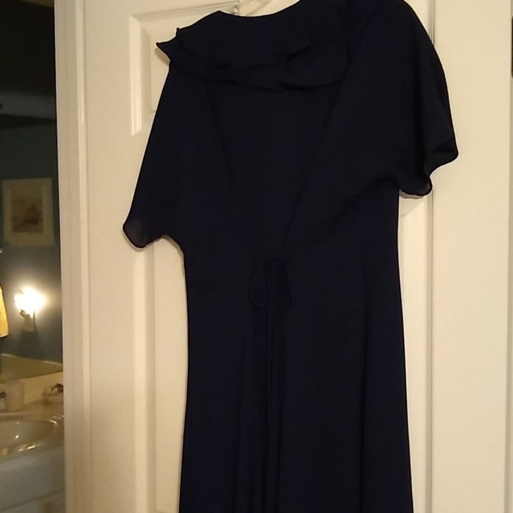 Chaus Navy button-down dress Short Sleeve tie in back Ruffle Summer Lightweight - Picture 11 of 16